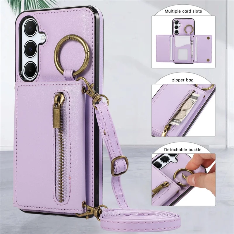 For Samsung Galaxy S25+  /  S24+ Leather Back Cover Zipper Wallet Kickstand Phone Case with Shoulder Strap - Purple