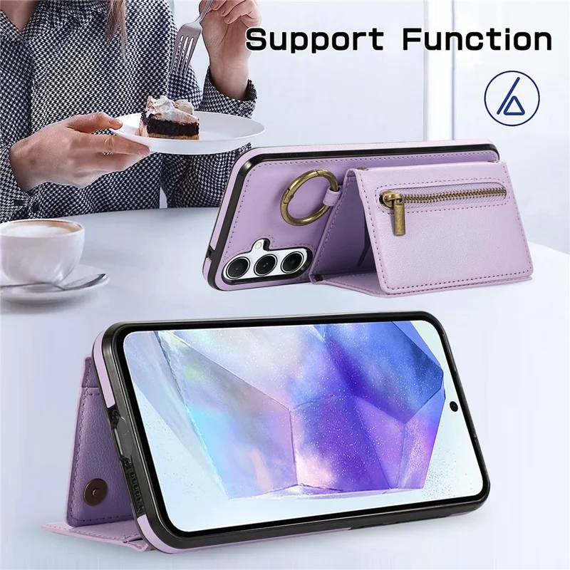 For Samsung Galaxy S25+  /  S24+ Leather Back Cover Zipper Wallet Kickstand Phone Case with Shoulder Strap - Purple