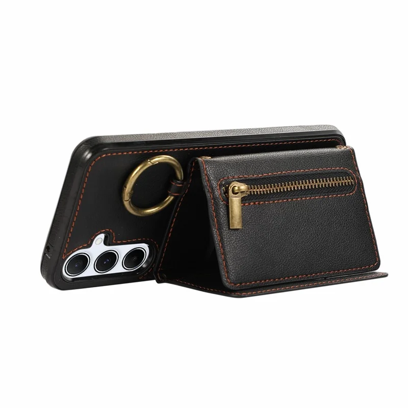 For Samsung Galaxy S25  /  S24 Leather Back Cover Zipper Wallet Kickstand Phone Case with Shoulder Strap - Black