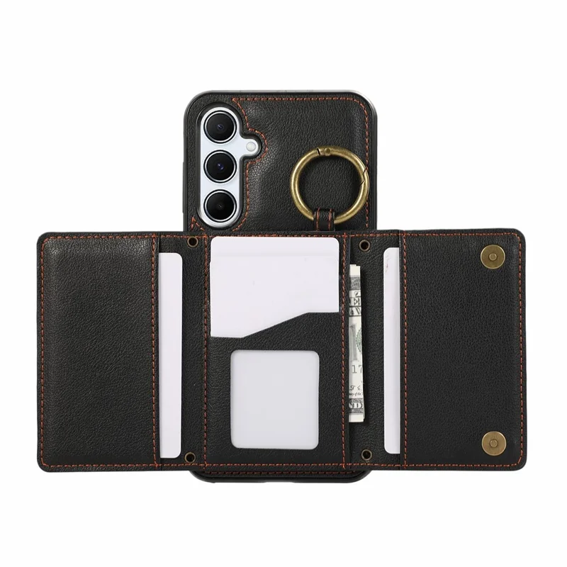 For Samsung Galaxy S25  /  S24 Leather Back Cover Zipper Wallet Kickstand Phone Case with Shoulder Strap - Black