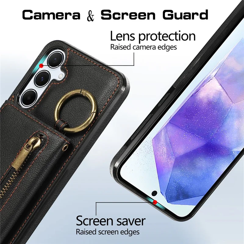 For Samsung Galaxy S25  /  S24 Leather Back Cover Zipper Wallet Kickstand Phone Case with Shoulder Strap - Black