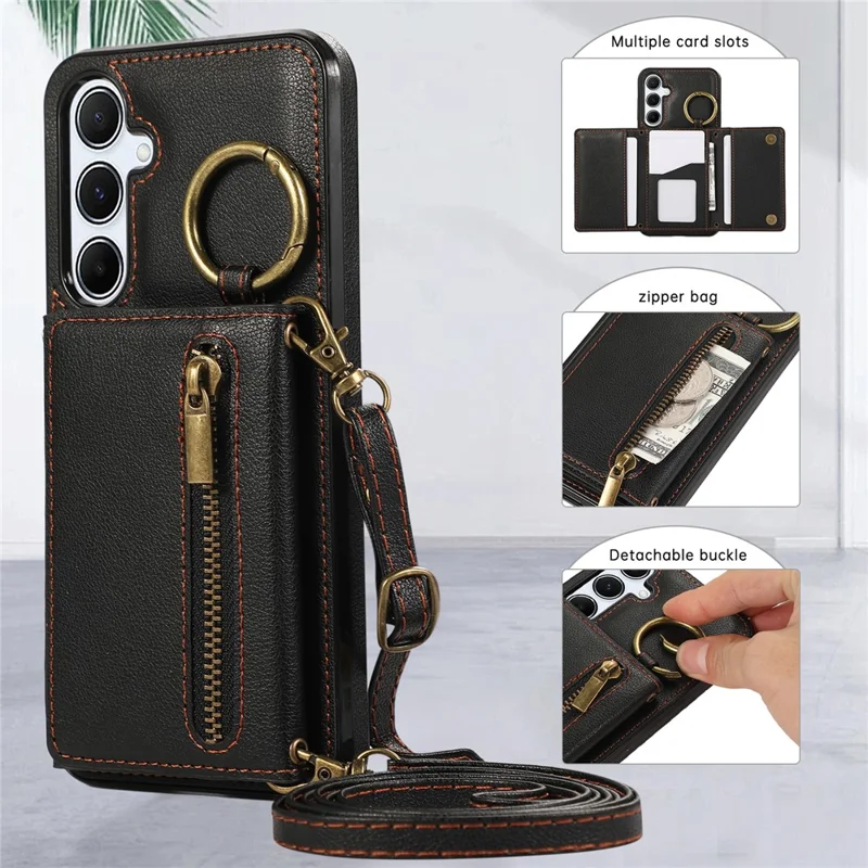 For Samsung Galaxy S25  /  S24 Leather Back Cover Zipper Wallet Kickstand Phone Case with Shoulder Strap - Black