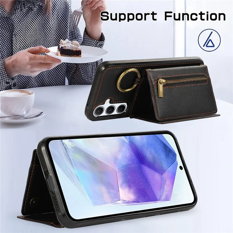 For Samsung Galaxy S25  /  S24 Leather Back Cover Zipper Wallet Kickstand Phone Case with Shoulder Strap - Black