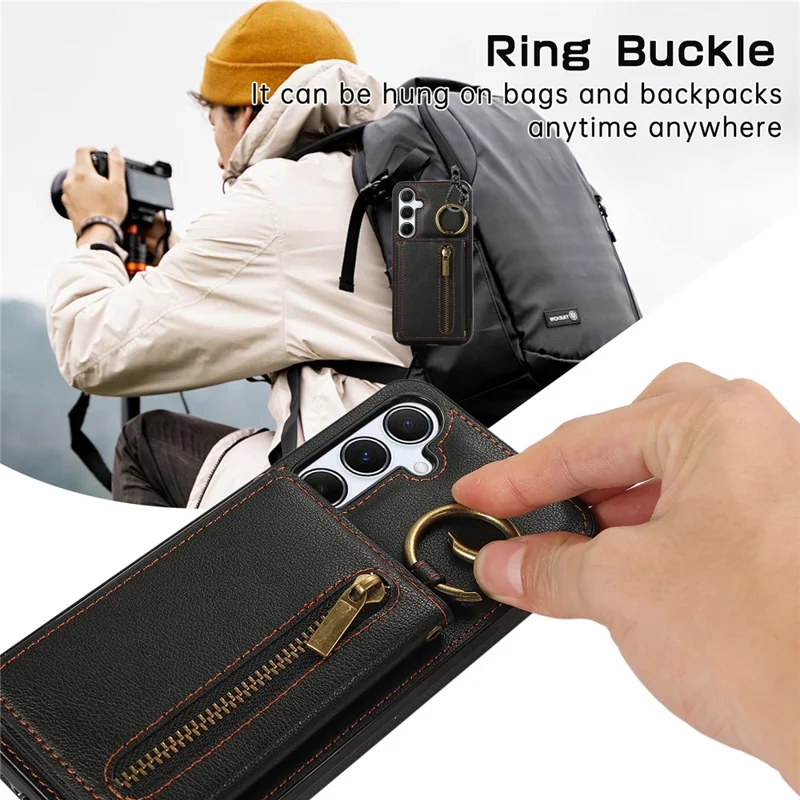 For Samsung Galaxy S25  /  S24 Leather Back Cover Zipper Wallet Kickstand Phone Case with Shoulder Strap - Black