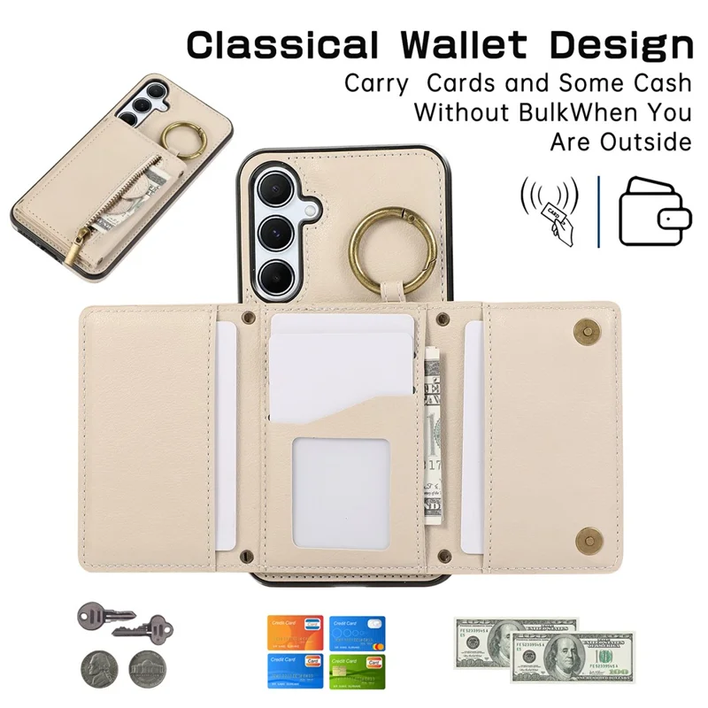 For Samsung Galaxy S25  /  S24 Leather Back Cover Zipper Wallet Kickstand Phone Case with Shoulder Strap - Beige