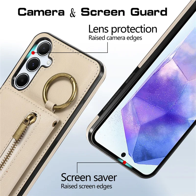 For Samsung Galaxy S25  /  S24 Leather Back Cover Zipper Wallet Kickstand Phone Case with Shoulder Strap - Beige