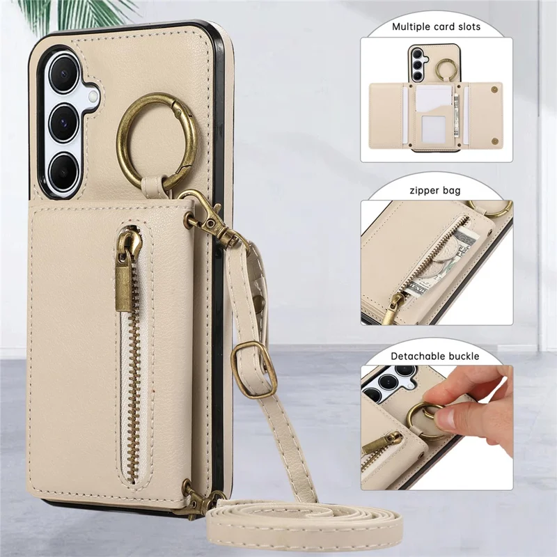 For Samsung Galaxy S25  /  S24 Leather Back Cover Zipper Wallet Kickstand Phone Case with Shoulder Strap - Beige