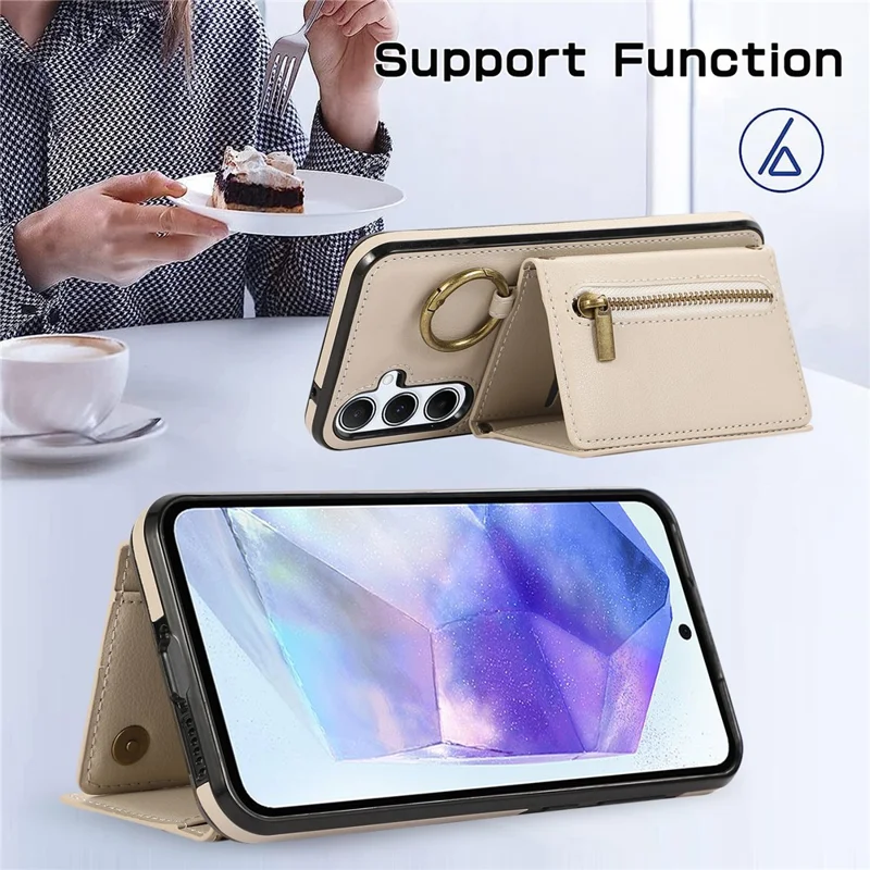 For Samsung Galaxy S25  /  S24 Leather Back Cover Zipper Wallet Kickstand Phone Case with Shoulder Strap - Beige