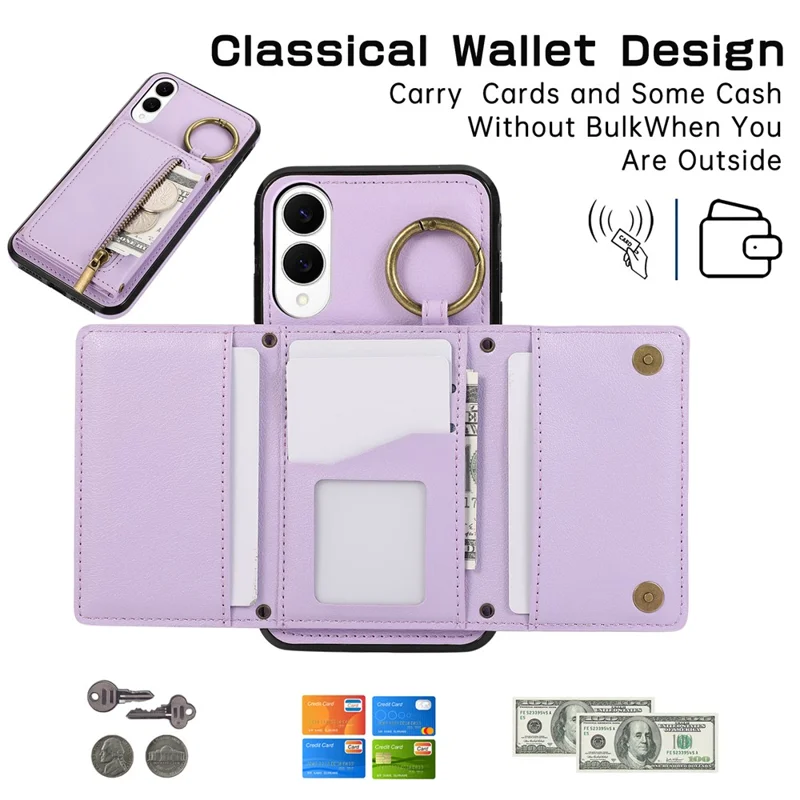 Funda de cuero para Samsung Galaxy S25 Edge con cartera, cremallera, soporte y correa para el hombro - Morado