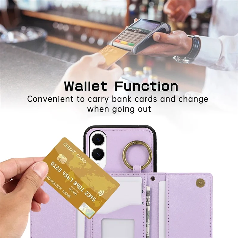 Funda de cuero para Samsung Galaxy S25 Edge con cartera, cremallera, soporte y correa para el hombro - Morado