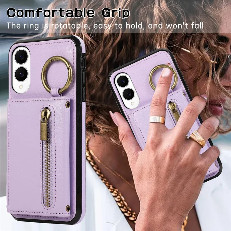 Funda de cuero para Samsung Galaxy S25 Edge con cartera, cremallera, soporte y correa para el hombro - Morado