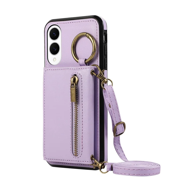 Funda de cuero para Samsung Galaxy S25 Edge con cartera, cremallera, soporte y correa para el hombro - Morado