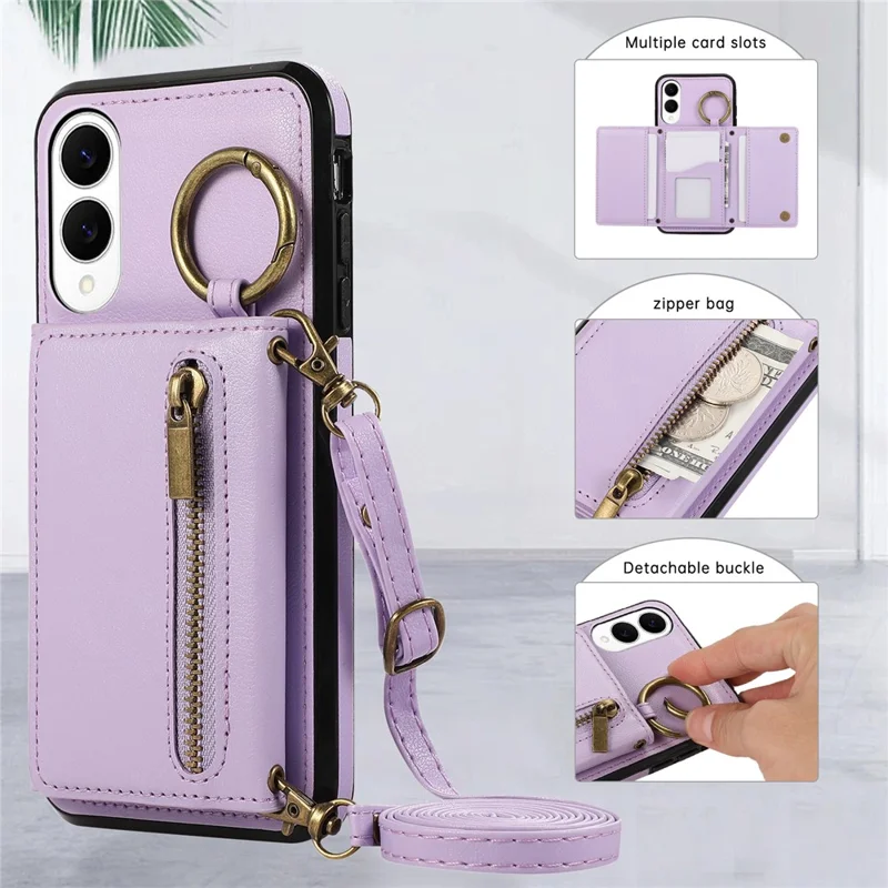 Funda de cuero para Samsung Galaxy S25 Edge con cartera, cremallera, soporte y correa para el hombro - Morado