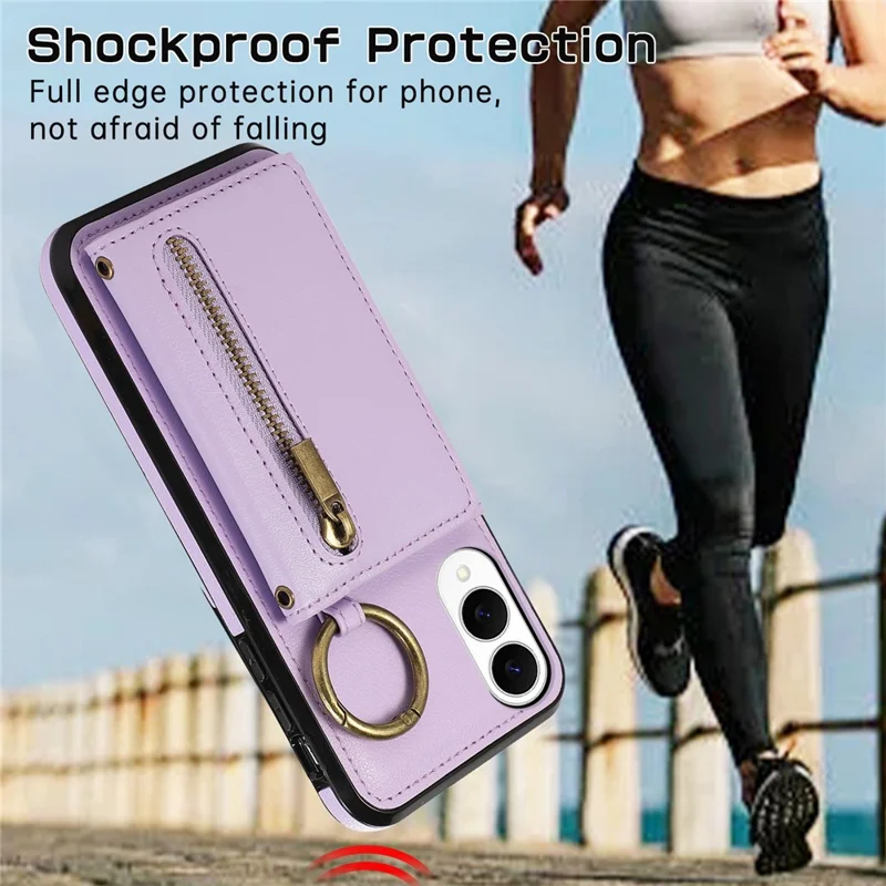 Funda de cuero para Samsung Galaxy S25 Edge con cartera, cremallera, soporte y correa para el hombro - Morado