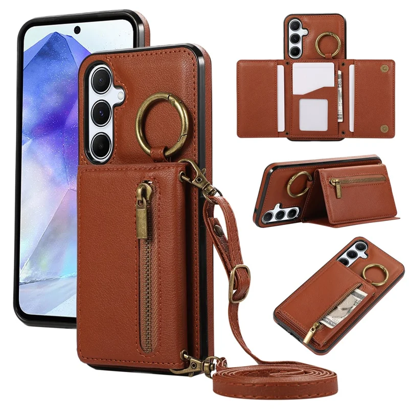For Samsung Galaxy A16 4G Leather Back Cover Zipper Wallet Kickstand Phone Case with Shoulder Strap - Brown