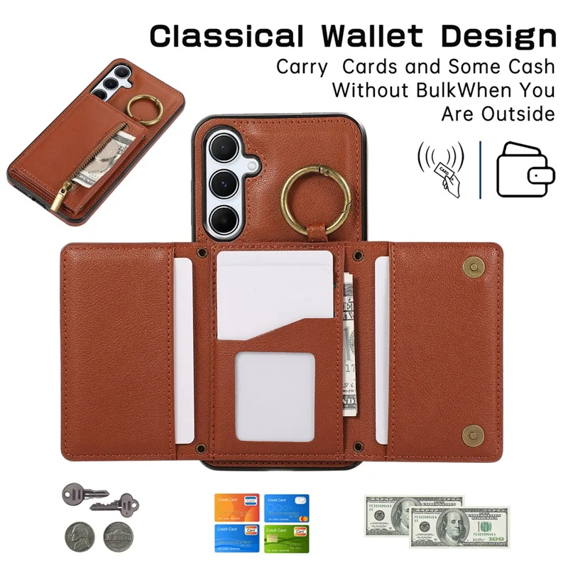 For Samsung Galaxy A16 4G Leather Back Cover Zipper Wallet Kickstand Phone Case with Shoulder Strap - Brown