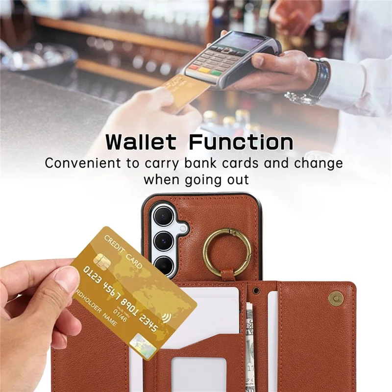 For Samsung Galaxy A16 4G Leather Back Cover Zipper Wallet Kickstand Phone Case with Shoulder Strap - Brown