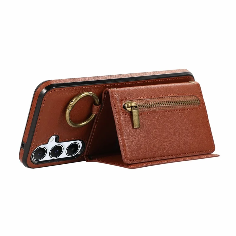 For Samsung Galaxy A16 4G Leather Back Cover Zipper Wallet Kickstand Phone Case with Shoulder Strap - Brown