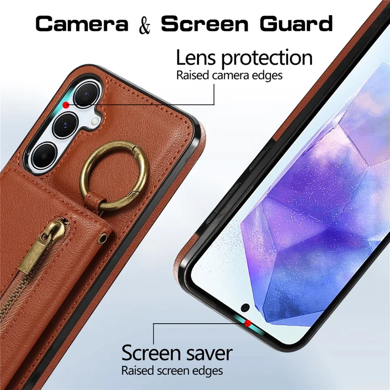 For Samsung Galaxy A16 4G Leather Back Cover Zipper Wallet Kickstand Phone Case with Shoulder Strap - Brown