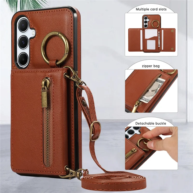 For Samsung Galaxy A16 4G Leather Back Cover Zipper Wallet Kickstand Phone Case with Shoulder Strap - Brown