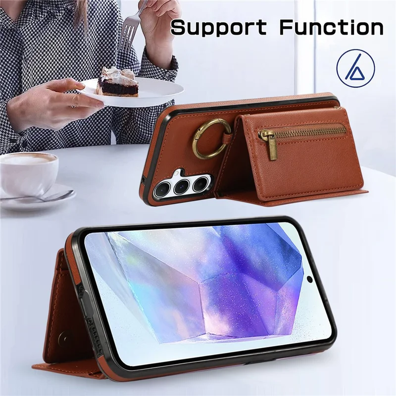 For Samsung Galaxy A16 4G Leather Back Cover Zipper Wallet Kickstand Phone Case with Shoulder Strap - Brown