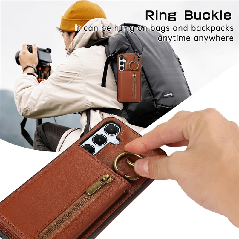 For Samsung Galaxy A16 4G Leather Back Cover Zipper Wallet Kickstand Phone Case with Shoulder Strap - Brown