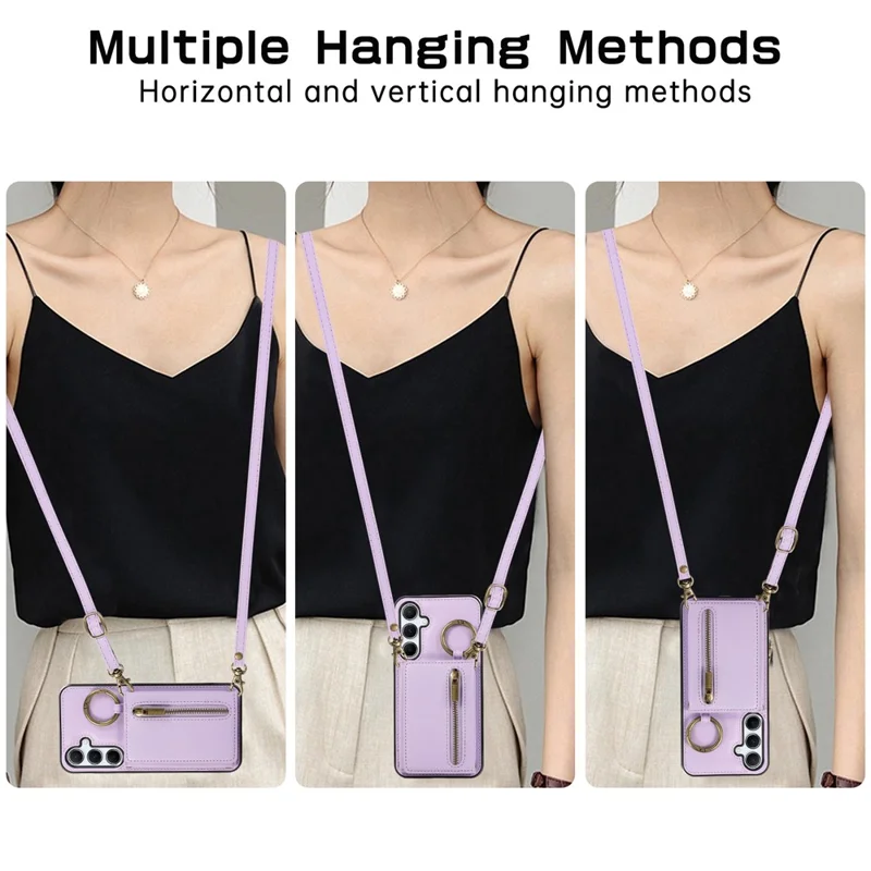 For Samsung Galaxy A16 4G Leather Back Cover Zipper Wallet Kickstand Phone Case with Shoulder Strap - Purple
