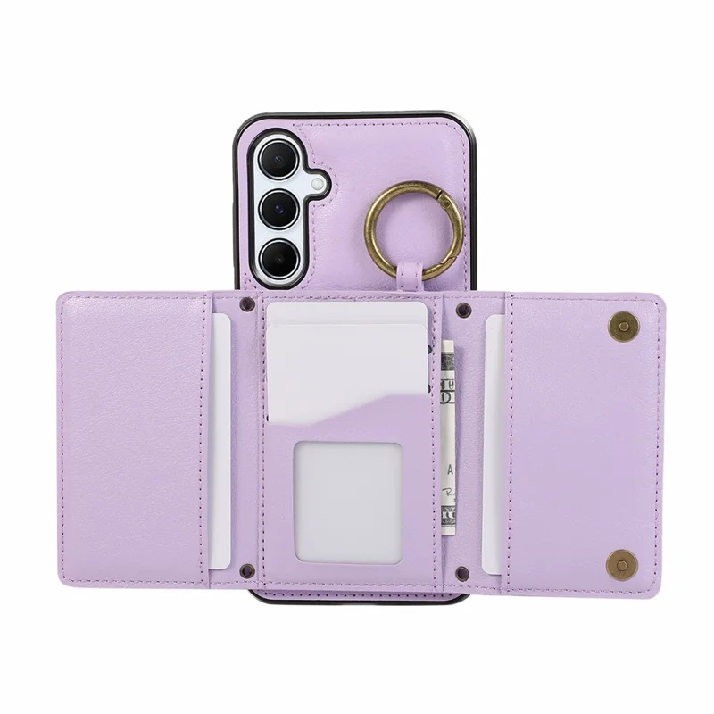 For Samsung Galaxy A16 4G Leather Back Cover Zipper Wallet Kickstand Phone Case with Shoulder Strap - Purple