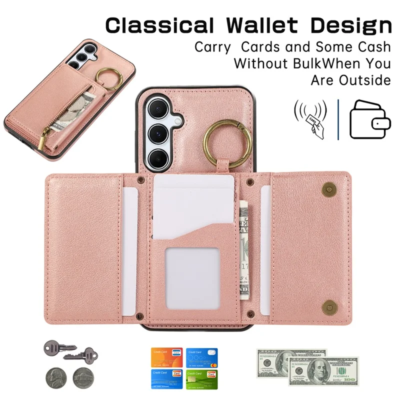 For Samsung Galaxy A26 5G Leather Back Cover Zipper Wallet Kickstand Phone Case with Shoulder Strap - Pink