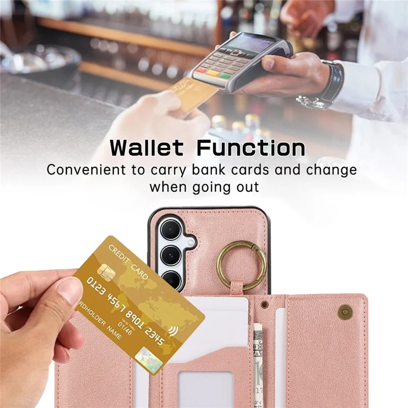 For Samsung Galaxy A26 5G Leather Back Cover Zipper Wallet Kickstand Phone Case with Shoulder Strap - Pink