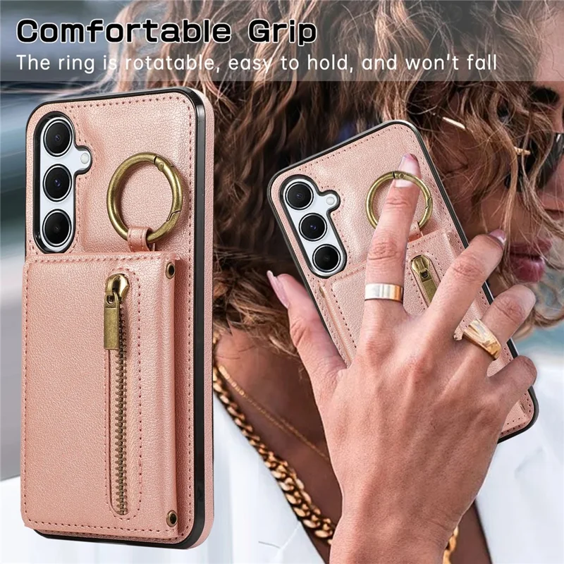 For Samsung Galaxy A26 5G Leather Back Cover Zipper Wallet Kickstand Phone Case with Shoulder Strap - Pink
