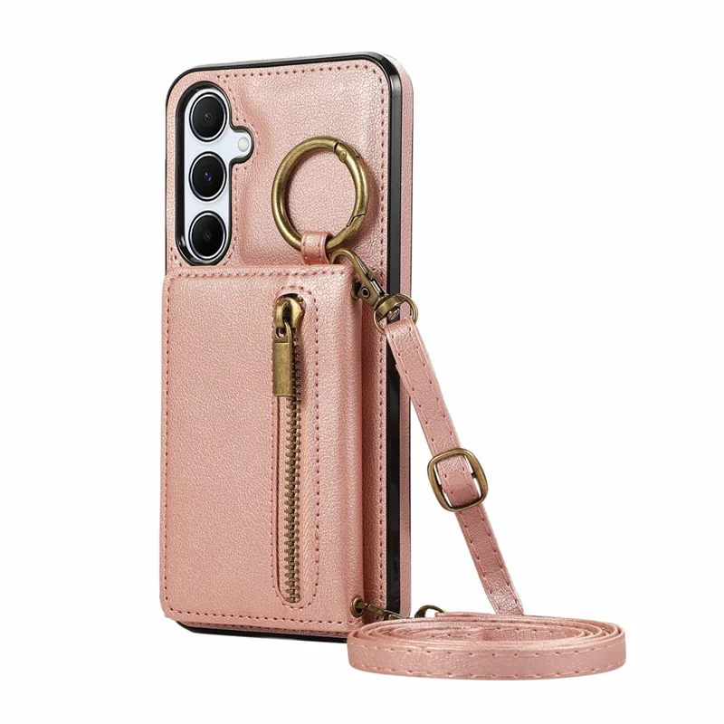 For Samsung Galaxy A26 5G Leather Back Cover Zipper Wallet Kickstand Phone Case with Shoulder Strap - Pink