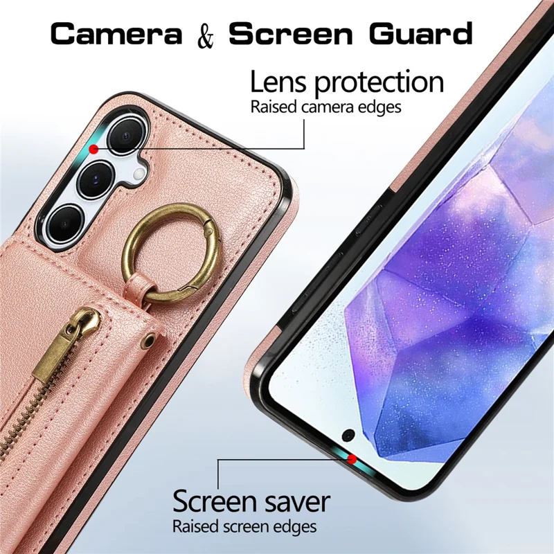 For Samsung Galaxy A26 5G Leather Back Cover Zipper Wallet Kickstand Phone Case with Shoulder Strap - Pink