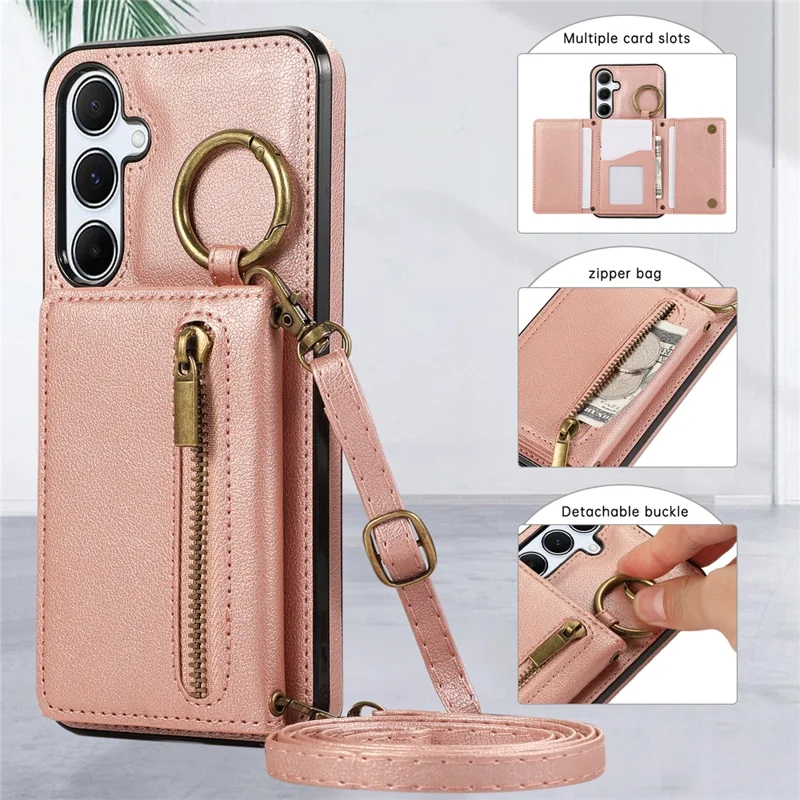 For Samsung Galaxy A26 5G Leather Back Cover Zipper Wallet Kickstand Phone Case with Shoulder Strap - Pink