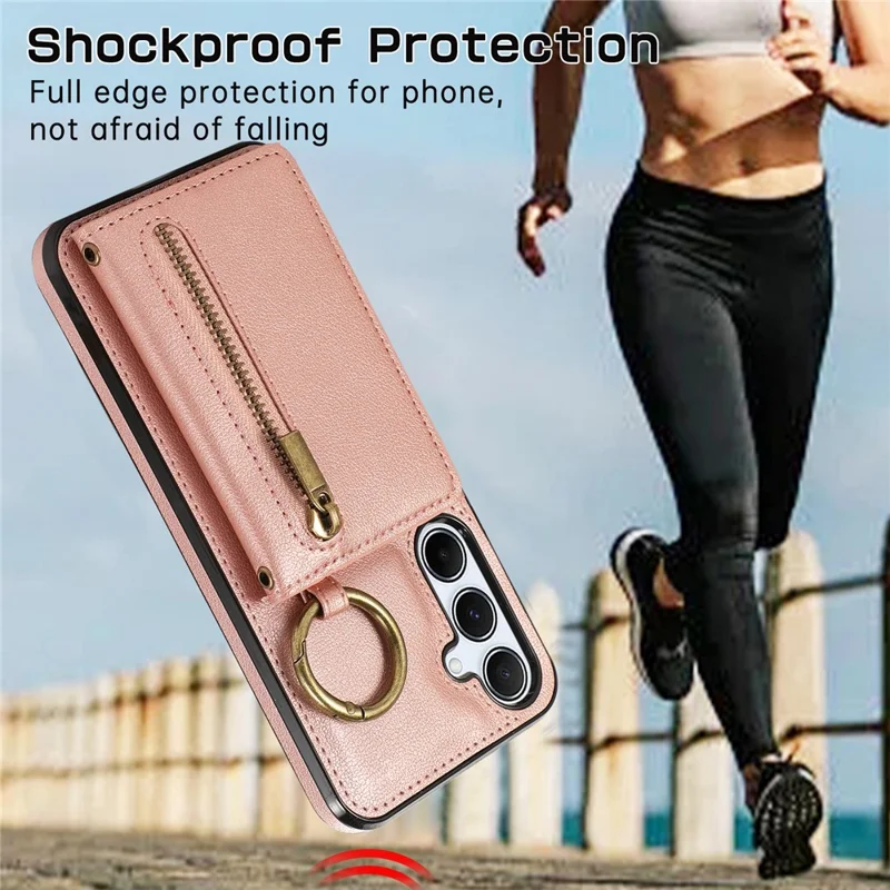 For Samsung Galaxy A26 5G Leather Back Cover Zipper Wallet Kickstand Phone Case with Shoulder Strap - Pink