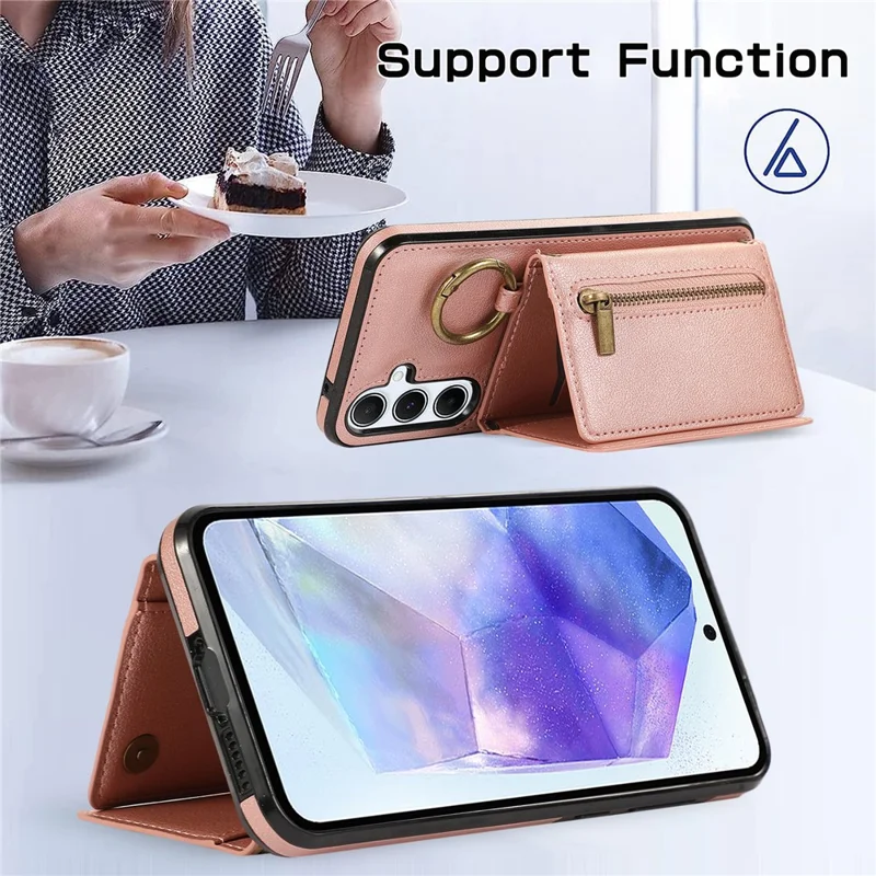 For Samsung Galaxy A26 5G Leather Back Cover Zipper Wallet Kickstand Phone Case with Shoulder Strap - Pink