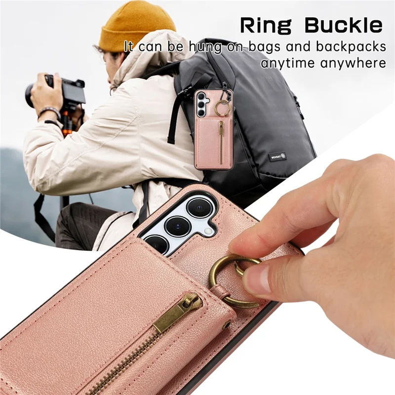 For Samsung Galaxy A26 5G Leather Back Cover Zipper Wallet Kickstand Phone Case with Shoulder Strap - Pink