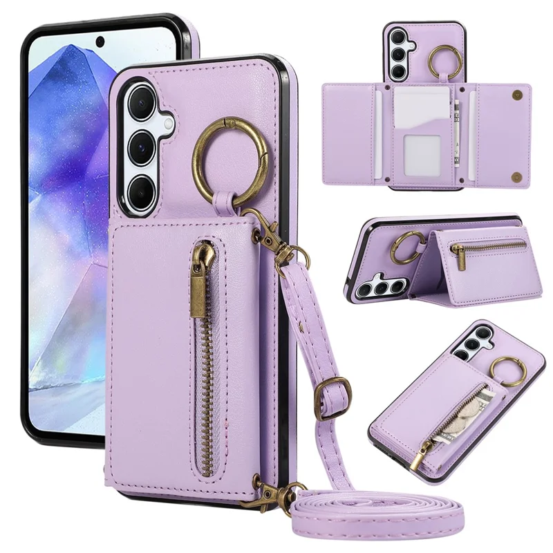 For Samsung Galaxy A56 5G Leather Back Cover Zipper Wallet Kickstand Phone Case with Shoulder Strap - Purple