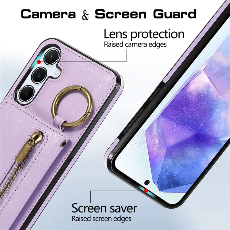 For Samsung Galaxy A56 5G Leather Back Cover Zipper Wallet Kickstand Phone Case with Shoulder Strap - Purple