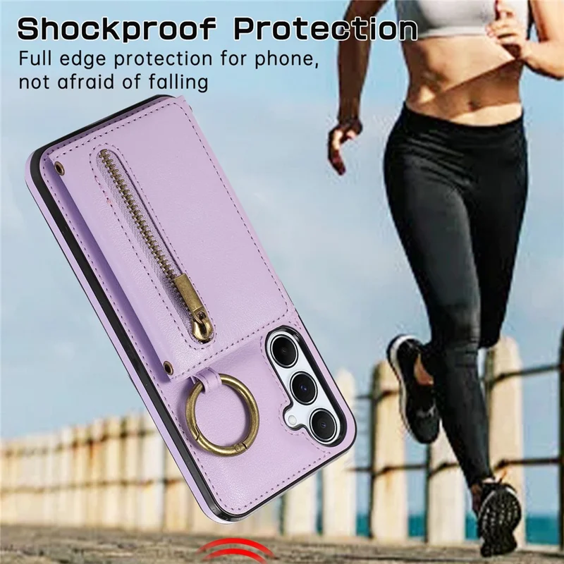 For Samsung Galaxy A56 5G Leather Back Cover Zipper Wallet Kickstand Phone Case with Shoulder Strap - Purple