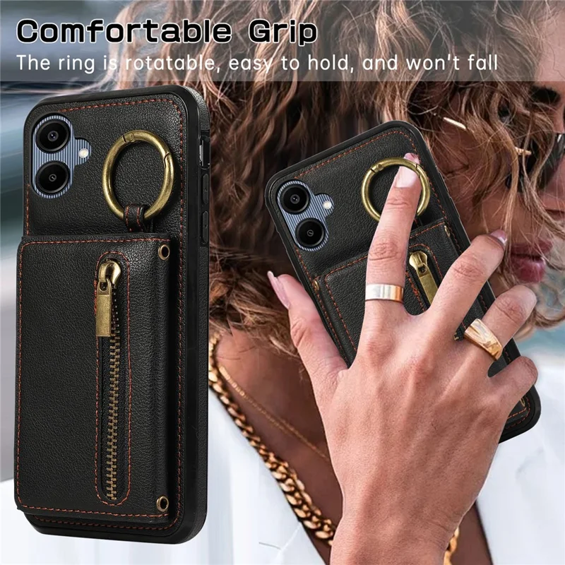 For Samsung Galaxy A06 4G Leather Back Cover Zipper Wallet Kickstand Phone Case with Shoulder Strap - Black