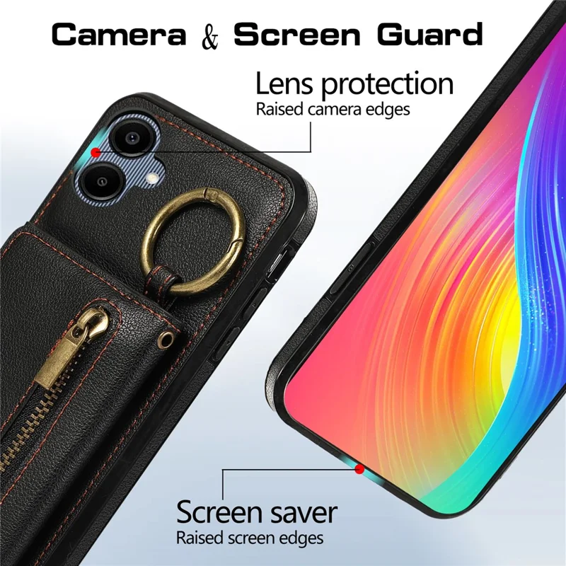 For Samsung Galaxy A06 4G Leather Back Cover Zipper Wallet Kickstand Phone Case with Shoulder Strap - Black