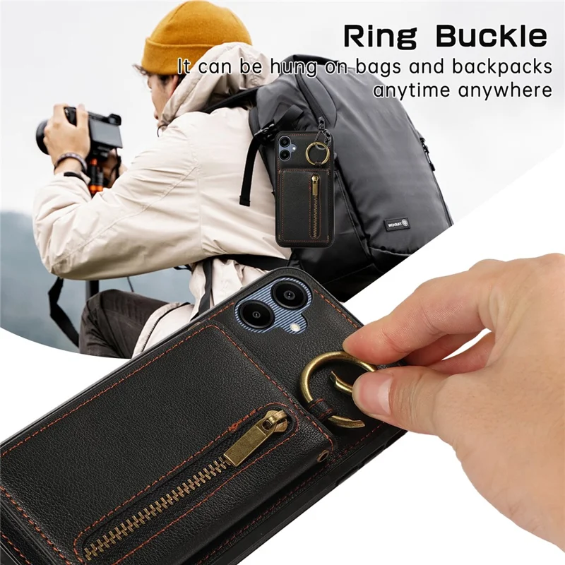 For Samsung Galaxy A06 4G Leather Back Cover Zipper Wallet Kickstand Phone Case with Shoulder Strap - Black