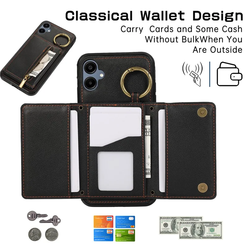For Samsung Galaxy A06 4G Leather Back Cover Zipper Wallet Kickstand Phone Case with Shoulder Strap - Black