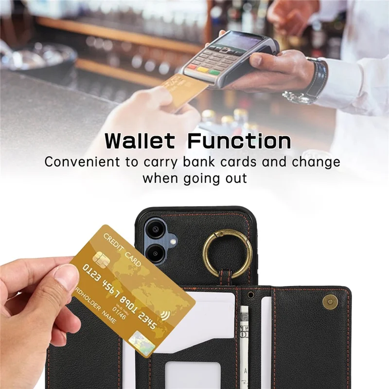 For Samsung Galaxy A06 4G Leather Back Cover Zipper Wallet Kickstand Phone Case with Shoulder Strap - Black