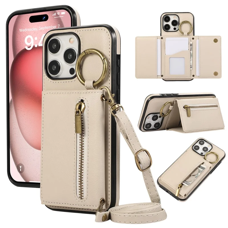 For iPhone 16 Pro Max Leather Back Cover Zipper Wallet Kickstand Phone Case with Shoulder Strap - Beige