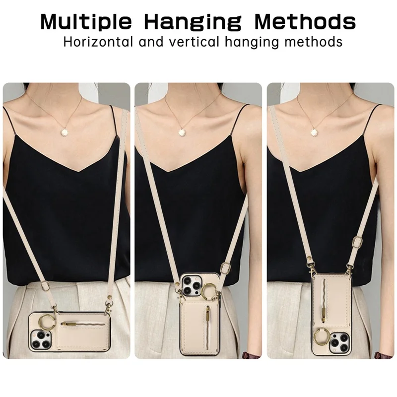 For iPhone 16 Pro Max Leather Back Cover Zipper Wallet Kickstand Phone Case with Shoulder Strap - Beige