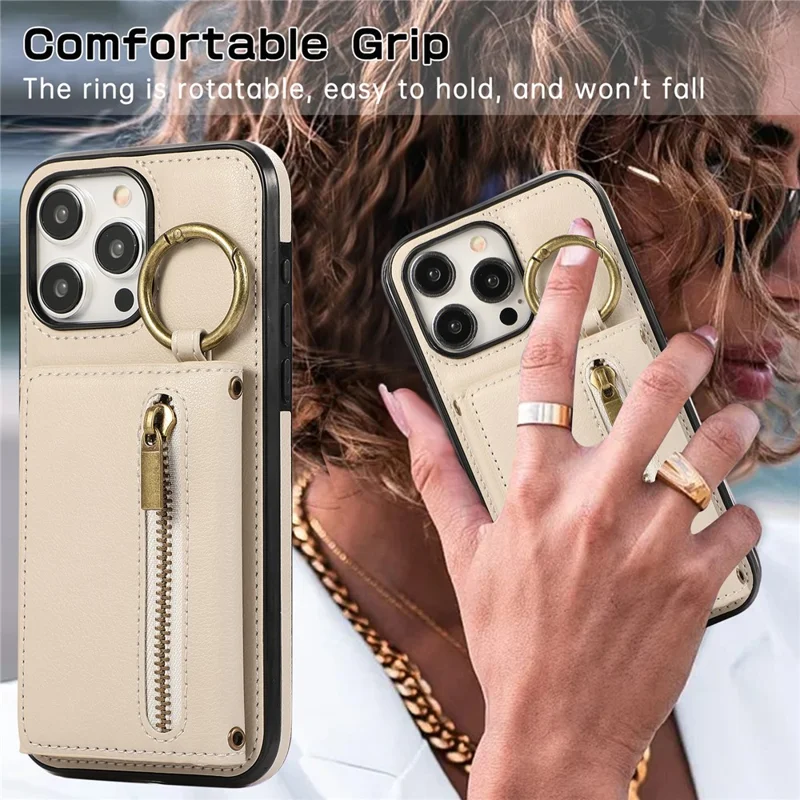 For iPhone 16 Pro Max Leather Back Cover Zipper Wallet Kickstand Phone Case with Shoulder Strap - Beige
