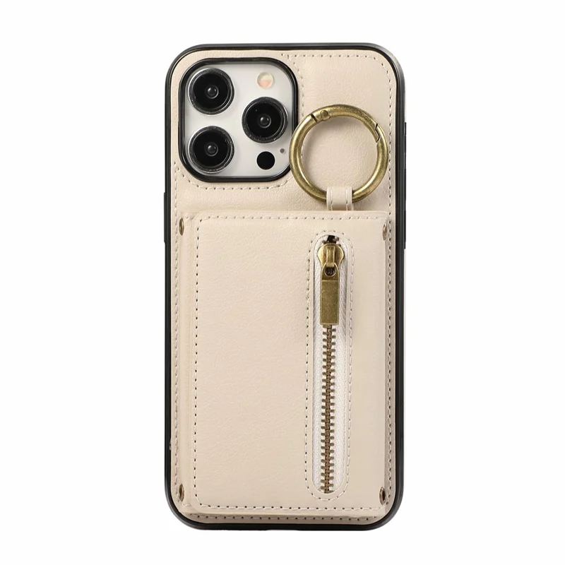 For iPhone 16 Pro Max Leather Back Cover Zipper Wallet Kickstand Phone Case with Shoulder Strap - Beige