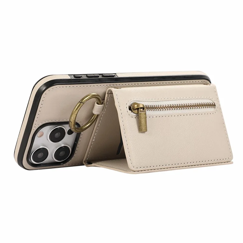 For iPhone 16 Pro Max Leather Back Cover Zipper Wallet Kickstand Phone Case with Shoulder Strap - Beige